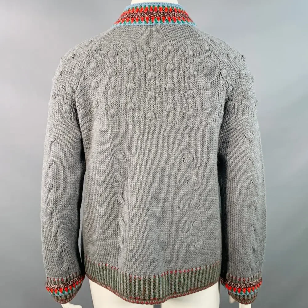 CHANEL Grey Multi Color Wool Cable Knit Bobble Leather Trim Jacket